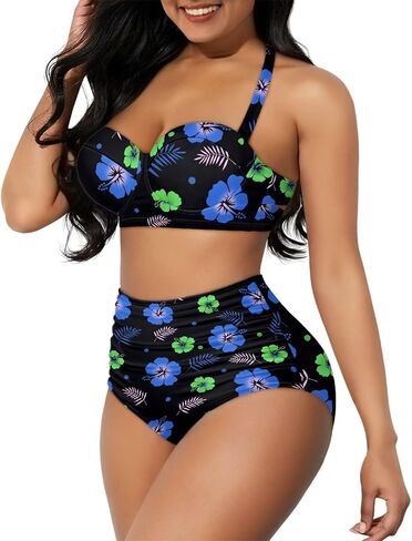 Women Bikini Set Halter Ruched Swimwear Bathing Suit Tummy Control Swimsuit Fit for Most Women in Saudi Arabia