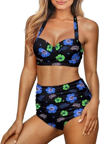 Women Bikini Set Halter Ruched Swimwear Bathing Suit Tummy Control Swimsuit Fit for Most Women in Saudi Arabia