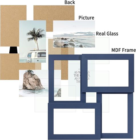 إطار صورة مجمعة مقاس 4x6، 4 إطار صور مع زجاج حقيقي، إطار صورة عائلي معلق على الحائط أو عرض على الطاولة، أزرق in Kuwait