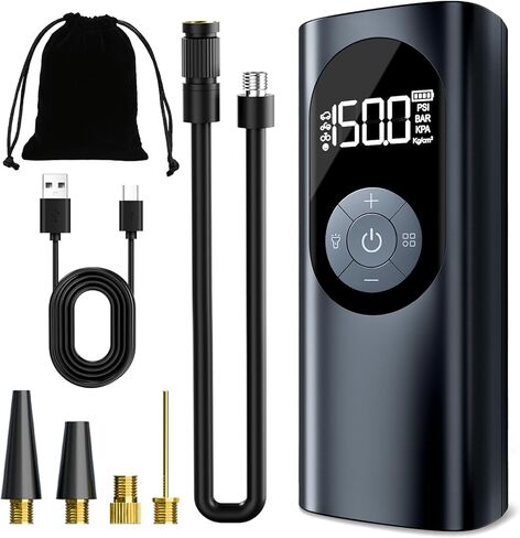 ضاغط هواء منفاخ الإطارات مع مقياس رقمي 150 رطل لكل بوصة مربعة 6000 مللي أمبير في الساعة مضخة هواء تعمل بالبطارية ملحقات أدوات السيارة، ضوء LED للسيارة والدراجات النارية والدراجات والكرات in Kuwait