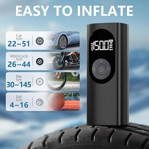 ضاغط هواء منفاخ الإطارات مع مقياس رقمي 150 رطل لكل بوصة مربعة 6000 مللي أمبير في الساعة مضخة هواء تعمل بالبطارية ملحقات أدوات السيارة، ضوء LED للسيارة والدراجات النارية والدراجات والكرات in Kuwait