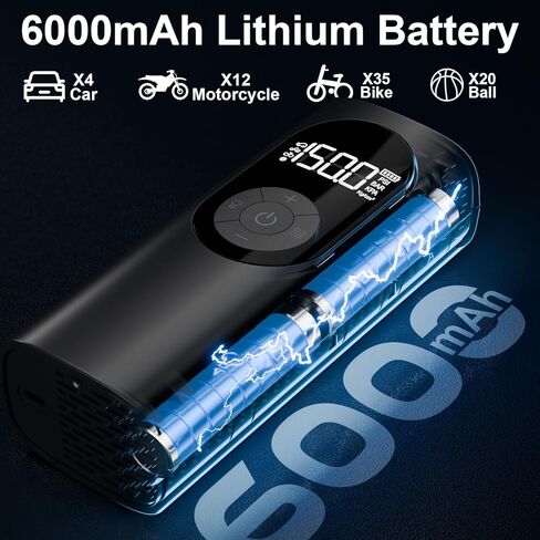 ضاغط هواء منفاخ الإطارات مع مقياس رقمي 150 رطل لكل بوصة مربعة 6000 مللي أمبير في الساعة مضخة هواء تعمل بالبطارية ملحقات أدوات السيارة، ضوء LED للسيارة والدراجات النارية والدراجات والكرات in Kuwait