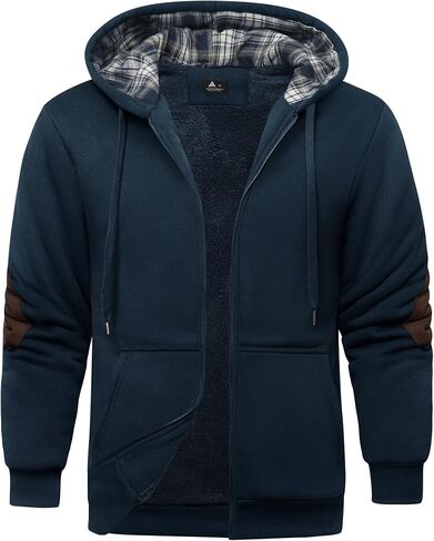 سترة شيربا للرجال مبطنة بالصوف مع قلنسوة منقوشة وغطاء للرأس ثقيل الوزن معطف شتوي دافئ سميك مع بقع على الكوع in Kuwait