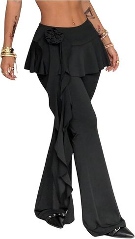 سروال نسائي من MakeMeChic ذو تصميم جرس من الأسفل بخصر منخفض وواسع Y2k مع تنورة مكشكشة in Kuwait