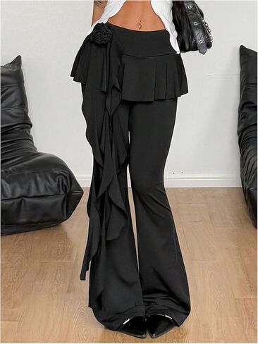 سروال نسائي من MakeMeChic ذو تصميم جرس من الأسفل بخصر منخفض وواسع Y2k مع تنورة مكشكشة in Kuwait