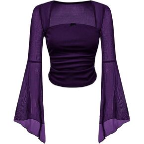 MakeMeChic Women's Bell Sleeve Crop Tops Square Neck Blouse Floral Mesh Ruched Fitted Fall Trendy Shirts Top in Kuwait