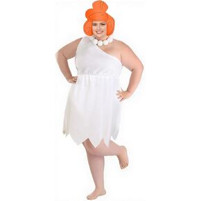 Halloween Costume for Women, 3 pcs Wilma Costume Women White Dress, Necklace and Headgear, Women Caveman Costume for Halloween Stone Period Theme Party Cosplay-Plus Size(XXL) in Saudi Arabia