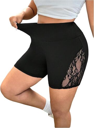 WDIRARA Women's Plus Size Lace Yoga Shorts Workout High Waist Stretchy Skinny Leggings Shorts in Saudi Arabia