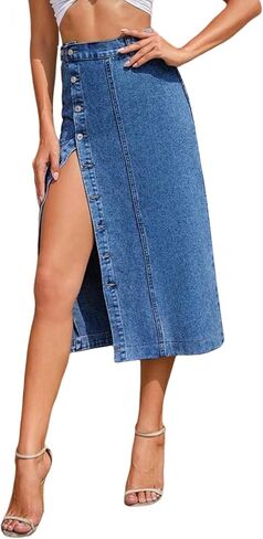 Women's Casual Split Denim Midi Jean Skirt Stretch High Waisted Button Up with Side Slit in Kuwait