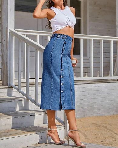 Women's Casual Split Denim Midi Jean Skirt Stretch High Waisted Button Up with Side Slit in Kuwait
