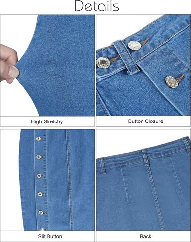 Women's Casual Split Denim Midi Jean Skirt Stretch High Waisted Button Up with Side Slit in Kuwait
