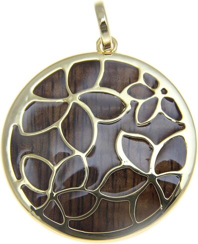 Arthur's Jewelry Koa Wood Hawaiian Scroll Plumeria Flower Yellow Gold Plated Brass Reversible Pendant in Saudi Arabia