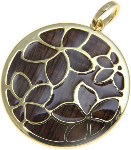 Arthur's Jewelry Koa Wood Hawaiian Scroll Plumeria Flower Yellow Gold Plated Brass Reversible Pendant in Saudi Arabia