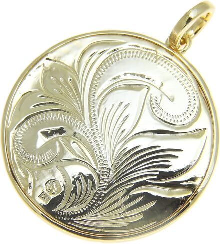 Arthur's Jewelry Koa Wood Hawaiian Scroll Plumeria Flower Yellow Gold Plated Brass Reversible Pendant in Saudi Arabia