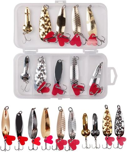 WOLFSKIN الصيد السحر عدة 10PCS Spinnerbait ملعقة الصيد الطعوم المعدنية الصلبة لسمك السلمون سمك السلمون المرقط بايك باس الكرابي Walleye المياه العذبة والمياه المالحة Spinnerbait الأسماك السنانير مع ريشة in Saudi Arabia