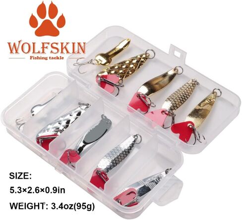 WOLFSKIN الصيد السحر عدة 10PCS Spinnerbait ملعقة الصيد الطعوم المعدنية الصلبة لسمك السلمون سمك السلمون المرقط بايك باس الكرابي Walleye المياه العذبة والمياه المالحة Spinnerbait الأسماك السنانير مع ريشة in Saudi Arabia