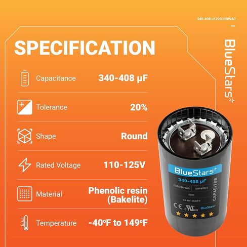 340-408 uf/MFD 220-250 VAC ±20% Volts Round Start Capacitor 50/60 Hz AC Electric Replacement Part by Blue Stars - Exact Fit for Single-Phase Electric Motors and Gear Motor Applications in Saudi Arabia