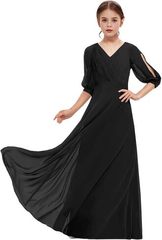 Junior Bridesmaid Dresses Sleeves V-Neck Girls Formal Dresses Long Chiffon Flower Girl Dress in Saudi Arabia