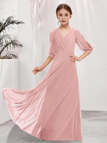 Junior Bridesmaid Dresses Sleeves V-Neck Girls Formal Dresses Long Chiffon Flower Girl Dress in Saudi Arabia
