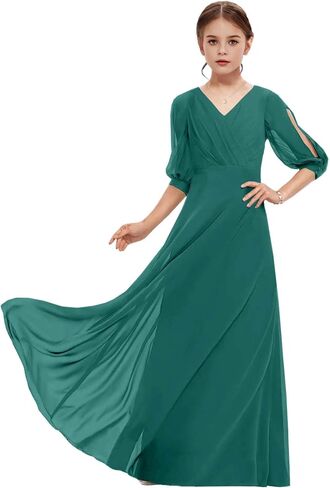 Junior Bridesmaid Dresses Sleeves V-Neck Girls Formal Dresses Long Chiffon Flower Girl Dress in Saudi Arabia