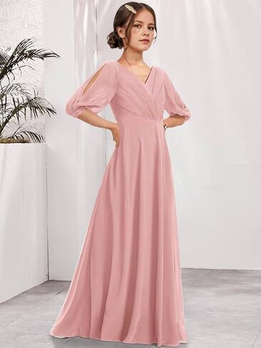 Junior Bridesmaid Dresses Sleeves V-Neck Girls Formal Dresses Long Chiffon Flower Girl Dress in Saudi Arabia