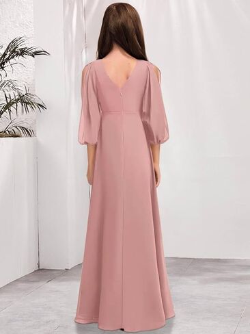 Junior Bridesmaid Dresses Sleeves V-Neck Girls Formal Dresses Long Chiffon Flower Girl Dress in Saudi Arabia
