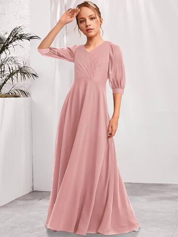 Junior Bridesmaid Dresses Sleeves V-Neck Girls Formal Dresses Long Chiffon Flower Girl Dress in Saudi Arabia