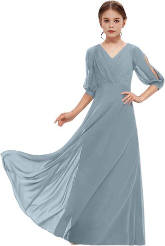 Junior Bridesmaid Dresses Sleeves V-Neck Girls Formal Dresses Long Chiffon Flower Girl Dress in Saudi Arabia