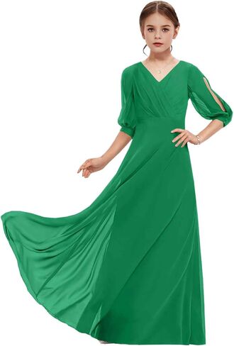 Junior Bridesmaid Dresses Sleeves V-Neck Girls Formal Dresses Long Chiffon Flower Girl Dress in Saudi Arabia