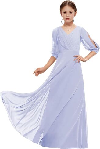 Junior Bridesmaid Dresses Sleeves V-Neck Girls Formal Dresses Long Chiffon Flower Girl Dress in Saudi Arabia