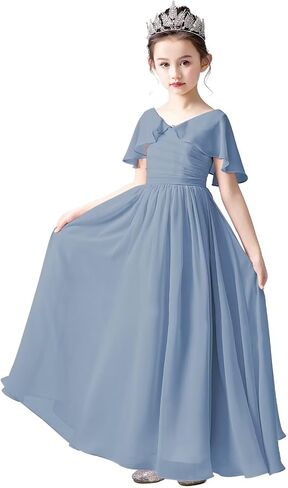 dideyttawl Chiffon Flower Girls Dress Cape Sleeves Junior Bridesmaid Dress for Girls 4-16 Special Occasion 383 in Kuwait