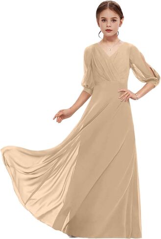 Junior Bridesmaid Dresses Sleeves V-Neck Girls Formal Dresses Long Chiffon Flower Girl Dress in Kuwait