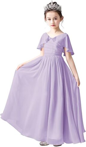 dideyttawl Chiffon Flower Girls Dress Cape Sleeves Junior Bridesmaid Dress for Girls 4-16 Special Occasion 383 in Kuwait