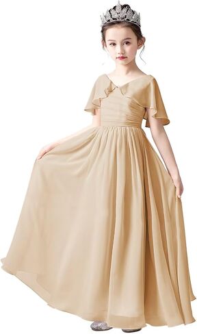 dideyttawl Chiffon Flower Girls Dress Cape Sleeves Junior Bridesmaid Dress for Girls 4-16 Special Occasion 383 in Kuwait