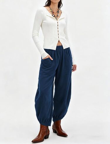 Yeokou Womens Baggy Wide Leg Pants Casual Corduroy Elastic Waist Harem Trousers with Pockets in Saudi Arabia