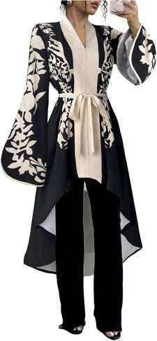 MakeMeChic Women's Floral Bell Sleeve Blouse V Neck High Low Tie Belted Elegant Shirt Work Dressy Tops in Saudi Arabia
