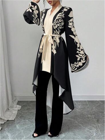 MakeMeChic Women's Floral Bell Sleeve Blouse V Neck High Low Tie Belted Elegant Shirt Work Dressy Tops in Saudi Arabia