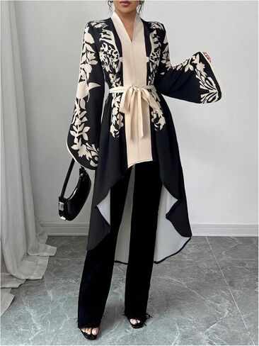 MakeMeChic Women's Floral Bell Sleeve Blouse V Neck High Low Tie Belted Elegant Shirt Work Dressy Tops in Saudi Arabia