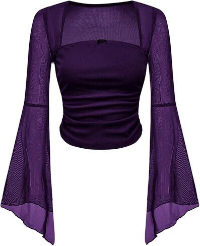MakeMeChic Women's Bell Sleeve Crop Tops Square Neck Blouse Floral Mesh Ruched Fitted Fall Trendy Shirts Top in Saudi Arabia