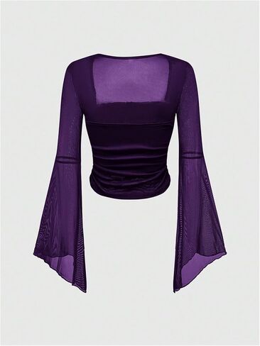 MakeMeChic Women's Bell Sleeve Crop Tops Square Neck Blouse Floral Mesh Ruched Fitted Fall Trendy Shirts Top in Saudi Arabia