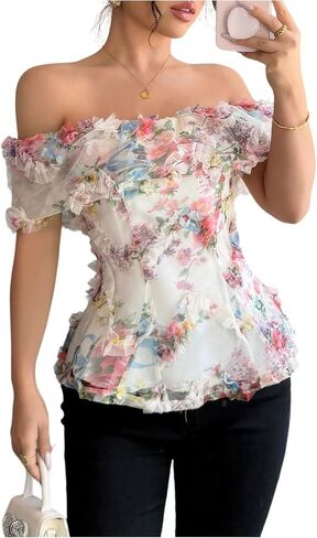 بلوزة WDIRARA نسائية شبكية زهرية مكشوفة الكتف وأكمام قصيرة من Boho Frill in Saudi Arabia