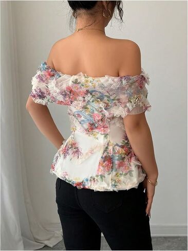 بلوزة WDIRARA نسائية شبكية زهرية مكشوفة الكتف وأكمام قصيرة من Boho Frill in Saudi Arabia