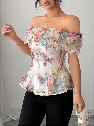 بلوزة WDIRARA نسائية شبكية زهرية مكشوفة الكتف وأكمام قصيرة من Boho Frill in Saudi Arabia