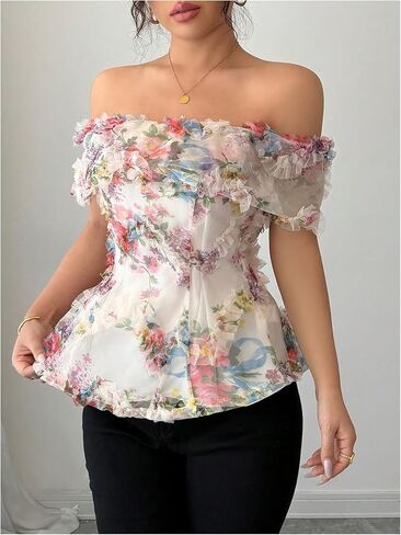 بلوزة WDIRARA نسائية شبكية زهرية مكشوفة الكتف وأكمام قصيرة من Boho Frill in Saudi Arabia