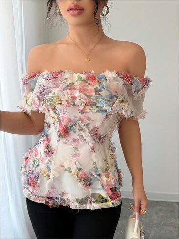 بلوزة WDIRARA نسائية شبكية زهرية مكشوفة الكتف وأكمام قصيرة من Boho Frill in Saudi Arabia