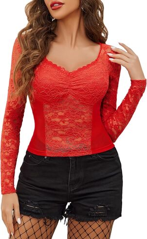 Avidlove Lace Long Sleeve Mesh Tops for Women V Neck Sheer Blouse Sexy See Through Undershirt in Saudi Arabia