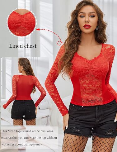 Avidlove Lace Long Sleeve Mesh Tops for Women V Neck Sheer Blouse Sexy See Through Undershirt in Saudi Arabia