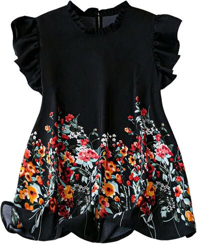 WDIRARA Women's Plus Size Floral Ruffle Cap Sleeve Blouse Frill Mock Neck Top in Saudi Arabia