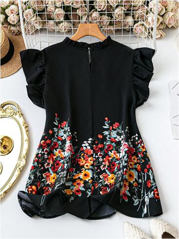 WDIRARA Women's Plus Size Floral Ruffle Cap Sleeve Blouse Frill Mock Neck Top in Saudi Arabia