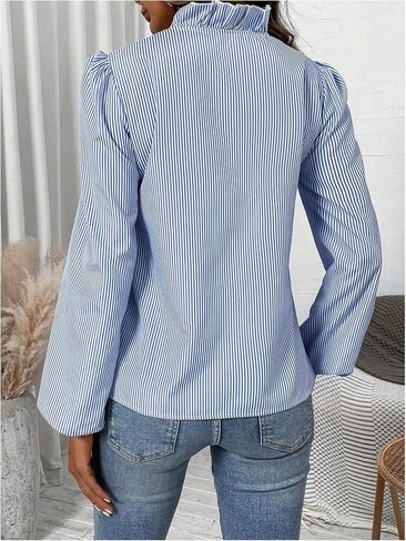 SweatyRocks Women's Striped Long Sleeve Blouse Ruffle V Neck Work Shirt Tops in Saudi Arabia